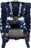 The back of a dark blue backpack with colorful polka dots. Voir les images du produit