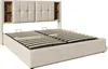 A beige upholstered bed frame with a tufted headboard and built-in storage compartments on either side. The bed frame is shown with its wooden slat mattress support system exposed. Anteprima dell’immagine prodotto