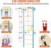 A collage of images showcasing different features of a 5-in-1 indoor jungle gym for children, with close-ups of children using various components like the pull-up bar, gym rings, rope ladder, pull rope, and wall ladder. Produktbild-Vorschau