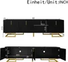 Two views of a black TV stand with gold accents and legs, with dimensions indicated. Anteprima dell’immagine prodotto