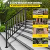 A black wrought iron handrail is shown on a set of outdoor stairs, with smaller inset images showing its use in various settings like a garden, home entrance, hotel, and porch. Produktbild-Vorschau