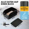 A black open-top litter box with a litter scoop and a litter mat, with dimensions and material information displayed. Produktbild-Vorschau