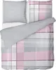 A top-down view of a duvet and pillow set with a pink and gray plaid pattern. Produktbild-Vorschau