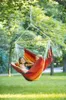 Two women relaxing in a colorful hammock chair suspended from a tree in a park. Náhled obrázku produktu