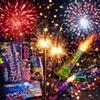 A collection of fireworks and sparklers on a dark background, with colorful confetti scattered around. Náhled obrázku produktu