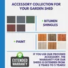 Marketing image showing accessories for a garden shed, including bitumen shingles and paint samples, along with an extended warranty badge. Náhľad obrázku produktu
