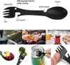 A collage of images showing a multi-tool camping utensil and its various uses. Produktbild-Vorschau