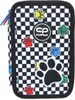 A close-up view of a pencil case with a checkered pattern and paw prints. Produktbild-Vorschau