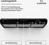 A black kitchen hood is shown from a top-down perspective, with arrows indicating airflow for both exhaust and recirculation modes. Text describes its performance and features. Produktbild-Vorschau