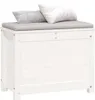 A white wooden storage chest with a gray cushion and two pillows on top, shown from the front. Náhľad obrázku produktu