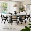 A dining room scene with a table and chairs, featuring a large window overlooking a pool and garden. Produktbild-Vorschau