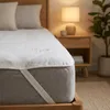 A close-up view of a mattress protector on a bed. Produktbild-Vorschau