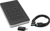 A black external hard drive with a silver trim and a grid of buttons on top, along with a USB cable and a Verbatim adapter, is displayed on a white background. Produktbild-Vorschau