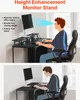 Two images showing a person using a monitor stand at a desk. The top image shows the monitor stand in use with a person sitting correctly, and the bottom image shows the person sitting with poor posture without the stand. Podgląd zdjęcia produktu
