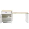 A white and wood-colored desk with a drawer and cabinet is shown against a white background. Produktbild-Vorschau