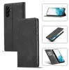 Collage of images showing a black leather phone case for a Samsung Galaxy A14, demonstrating its features like stand function and card slots. Produktbild-Vorschau