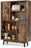 A wooden cabinet with shelves and doors, displaying various items like cans, bottles, a toaster, and kitchenware. Podgląd zdjęcia produktu