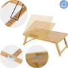 A bamboo laptop table is shown in use, with one section tilted to demonstrate adjustability. Close-up insets highlight specific features. Náhľad obrázku produktu