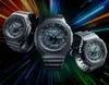 Three G-Shock watches are displayed against a dynamic, colorful background with light streaks. Produktbild-Vorschau