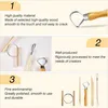 A collage of images and text describing pottery tools. Produktbild-Vorschau
