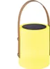 A yellow cylindrical solar lantern with a brown leather handle and a solar panel on top, set against a white background. Produktbild-Vorschau