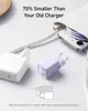 A white and a purple charger are shown next to a smartphone and a charging cable. A comparison diagram is also visible. Anteprima dell’immagine prodotto