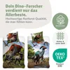 Marketing image for dinosaur-themed bedding, showing two duvet covers and pillowcases with dinosaur illustrations, along with descriptive text and certification logos. Produktbild-Vorschau