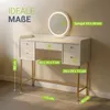A white and gold vanity table with a lighted mirror and dimensions indicated by text overlays. Náhľad obrázku produktu