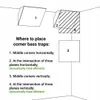 Diagram showing different placement options for corner bass traps in a room. Produktbild-Vorschau