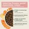 A bowl of dog food kibble is surrounded by ingredients like salmon, carrots, and sweet potatoes, with text describing the product's features. Produktbild-Vorschau