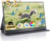 A portable monitor displaying an image of a squirrel and butterflies, with feature icons at the bottom. Produktbild-Vorschau