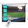 A projection screen displaying a soccer stadium with text overlays indicating features like '1:1', 'FULL HD', '3D', and '4K'. A remote control is in the foreground. Produktbild-Vorschau
