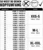 A size chart for a helmet, showing head circumference in cm and corresponding recommended padding thickness and helmet size. Produktbild-Vorschau