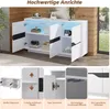 A collage of images showing a white and black sideboard with LED lighting. The collage includes close-ups of its features and a general view of the product. Voir les images du produit