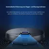 A robotic vacuum cleaner is shown with blue light emanating from its sensors, against a dark blue gradient background with text describing its features. Náhled obrázku produktu