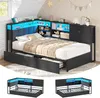 A bed frame with integrated shelving and lighting, shown from multiple angles. Voir les images du produit