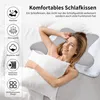 A woman is lying on a bed with a pillow, smiling and looking to the side. The image includes text and icons describing the product's features. Produktbild-Vorschau