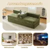A collage showing a green sofa in a living room setting, a bookshelf, and a home theater setup, with text labels for each scenario. Voir les images du produit