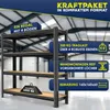 A metal shelving unit with wooden shelves in a warehouse-like setting, with marketing text overlays. Produktbild-Vorschau