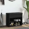 A black shoe bench with storage shelves is shown in a hallway next to an umbrella stand and a potted plant. Produktbild-Vorschau