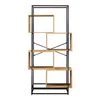 A modern bookshelf with a black metal frame and wooden shelves arranged in an asymmetrical pattern. Podgląd zdjęcia produktu