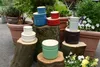 Ceramic containers with wooden lids are displayed on tree stumps in an outdoor setting with plants and flowers. Anteprima dell’immagine prodotto