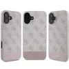 Three views of a pink and gray Guess phone case with a repeating logo pattern. Podgląd zdjęcia produktu