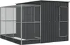 A dark gray metal aviary with a large mesh enclosure attached to one side. Produktbild-Vorschau