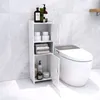 A white bathroom cabinet with open doors next to a toilet. Produktbild-Vorschau