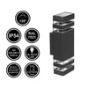 A product shot of a black outdoor wall light with accompanying informational icons. Produktbild-Vorschau