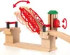 A wooden toy train bridge with red structural elements, shown in a raised position. Podgląd zdjęcia produktu