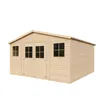 A wooden garden shed with windows and double doors, presented against a white background. Náhľad obrázku produktu