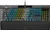 A top-down view of a black gaming keyboard with RGB lighting. Produktbild-Vorschau