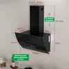 A black range hood is mounted on a wall with dimensions overlaid. Produktbild-Vorschau